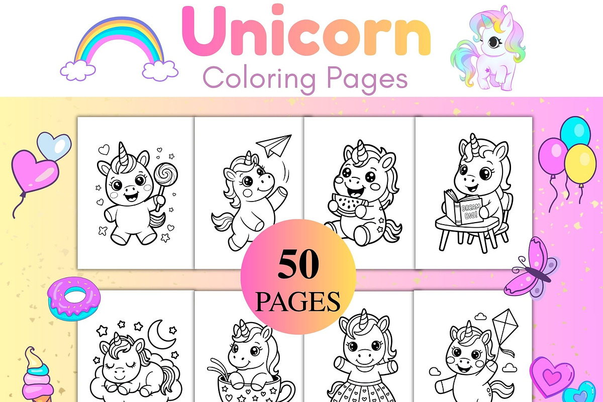 50 Unicorn Coloring Pages for Kids, an Animal Illustration by SimoDigitalArt (Photo 2 of 5)