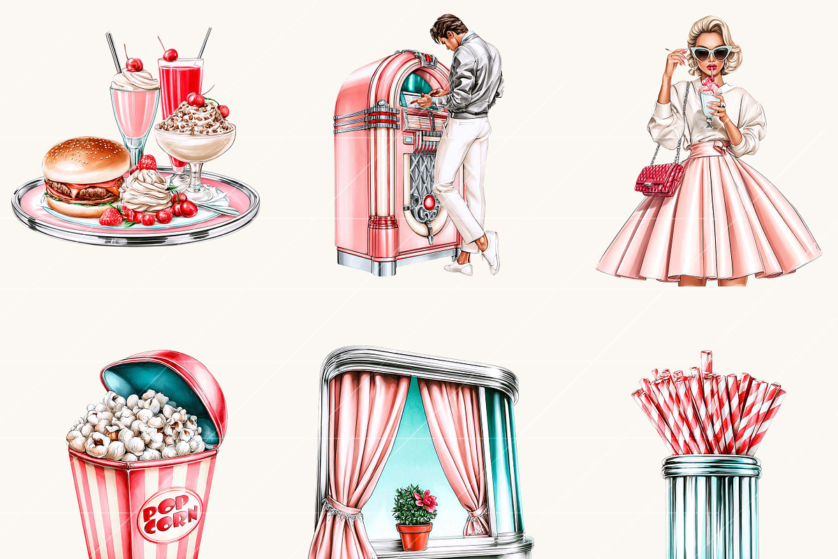 Retro Diner Date Clipart Bundle, a Food Illustration by BusyDaydesign (Photo 5 of 9)