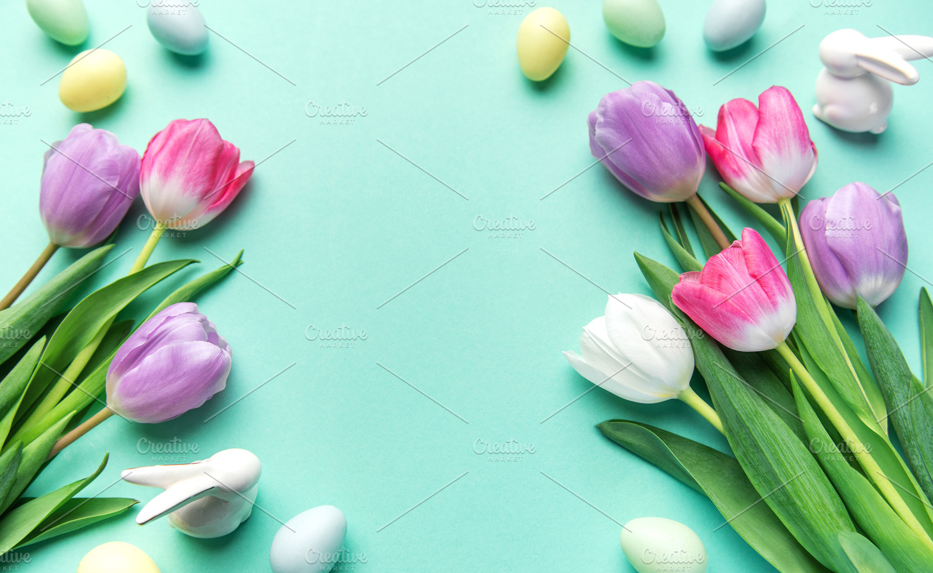 Spring tulips easter eggs bunny on turquoise background, a Holiday Photo by Olena Rudo