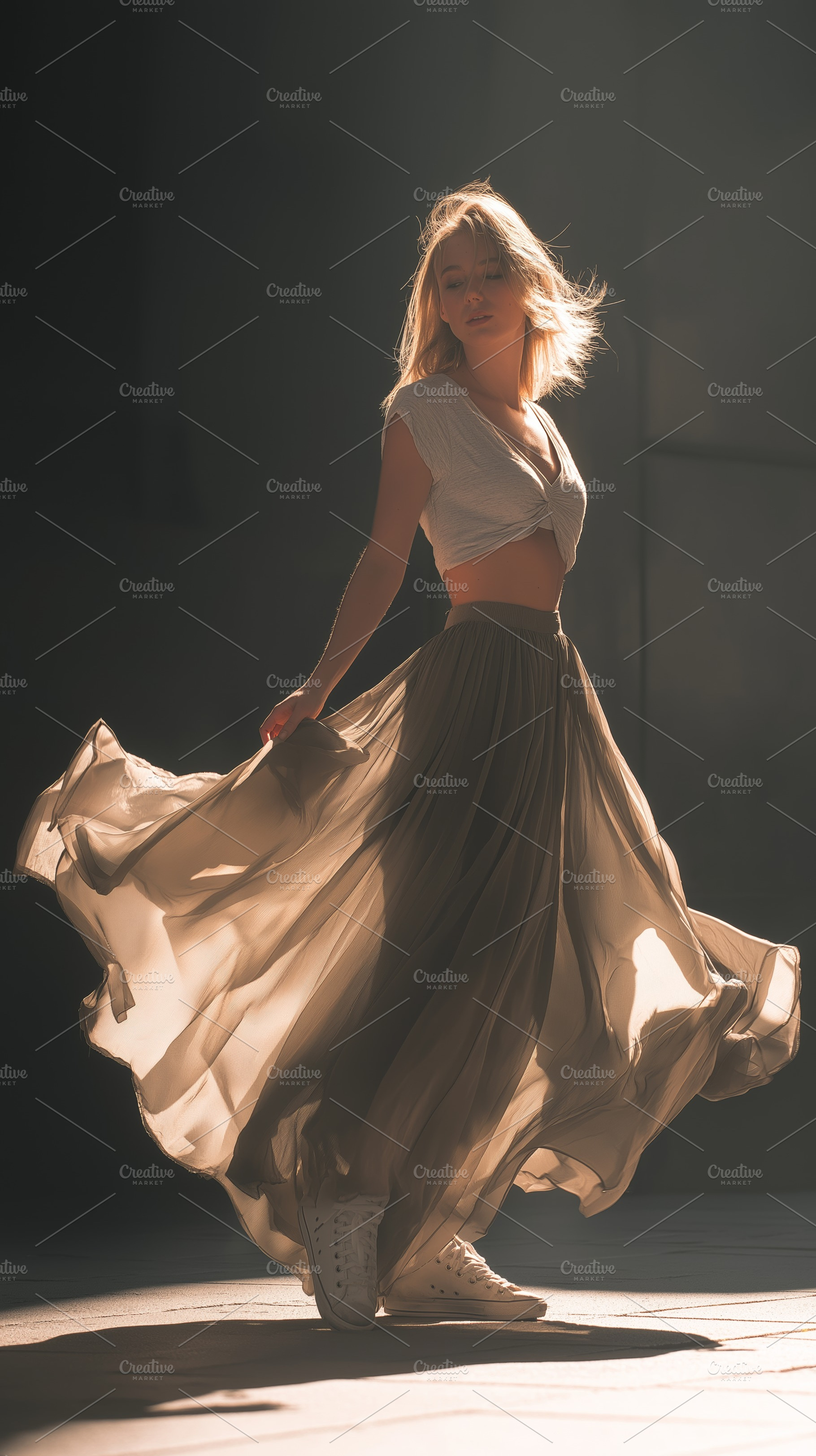 Woman in Beige Skirt Twirling, a Person Photo by Ocean Digital Art