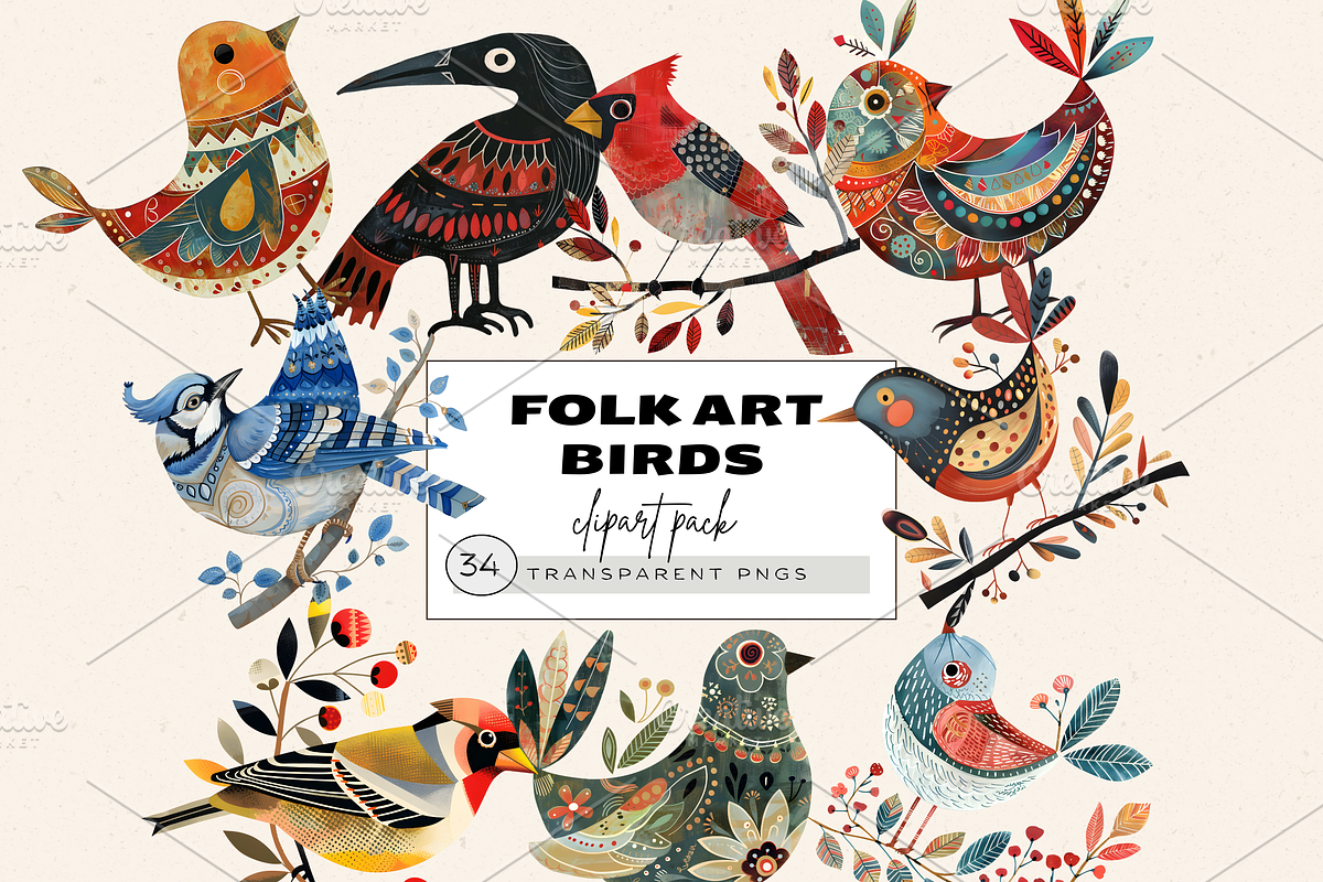FOLK ART BIRDS CLIPART PACK, an Animal Illustration by Daring Digies (Photo 1 of 10)