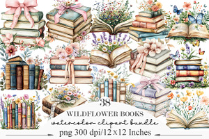 Wildflower Books Watercolor Clipart, an Illustration by Designking
