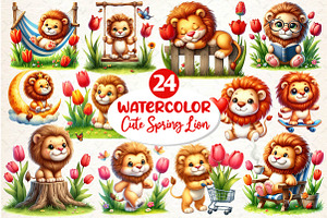 Watercolor Cute Spring Lion Clipart, an Illustration by Dream Creation