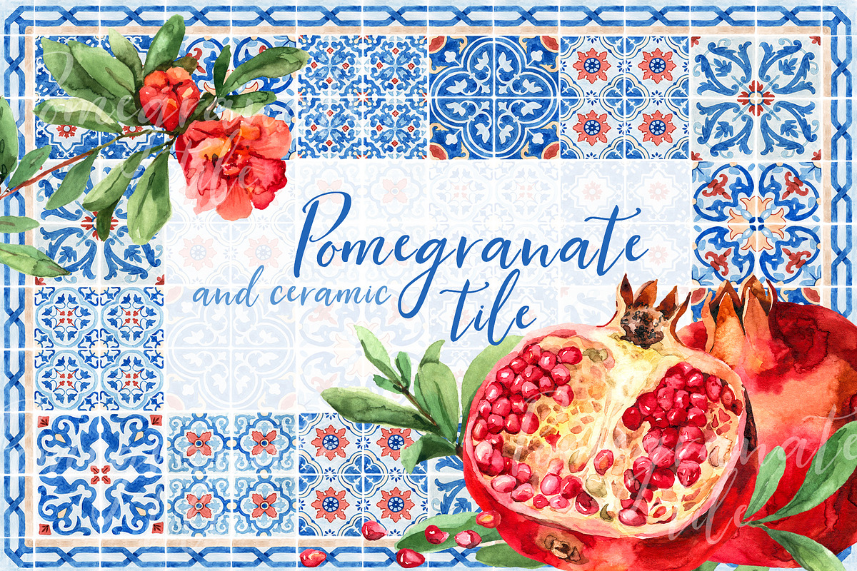 Pomegranate, ceramic tile watercolor, an Illustration by Alamella (Photo 1 of 7)