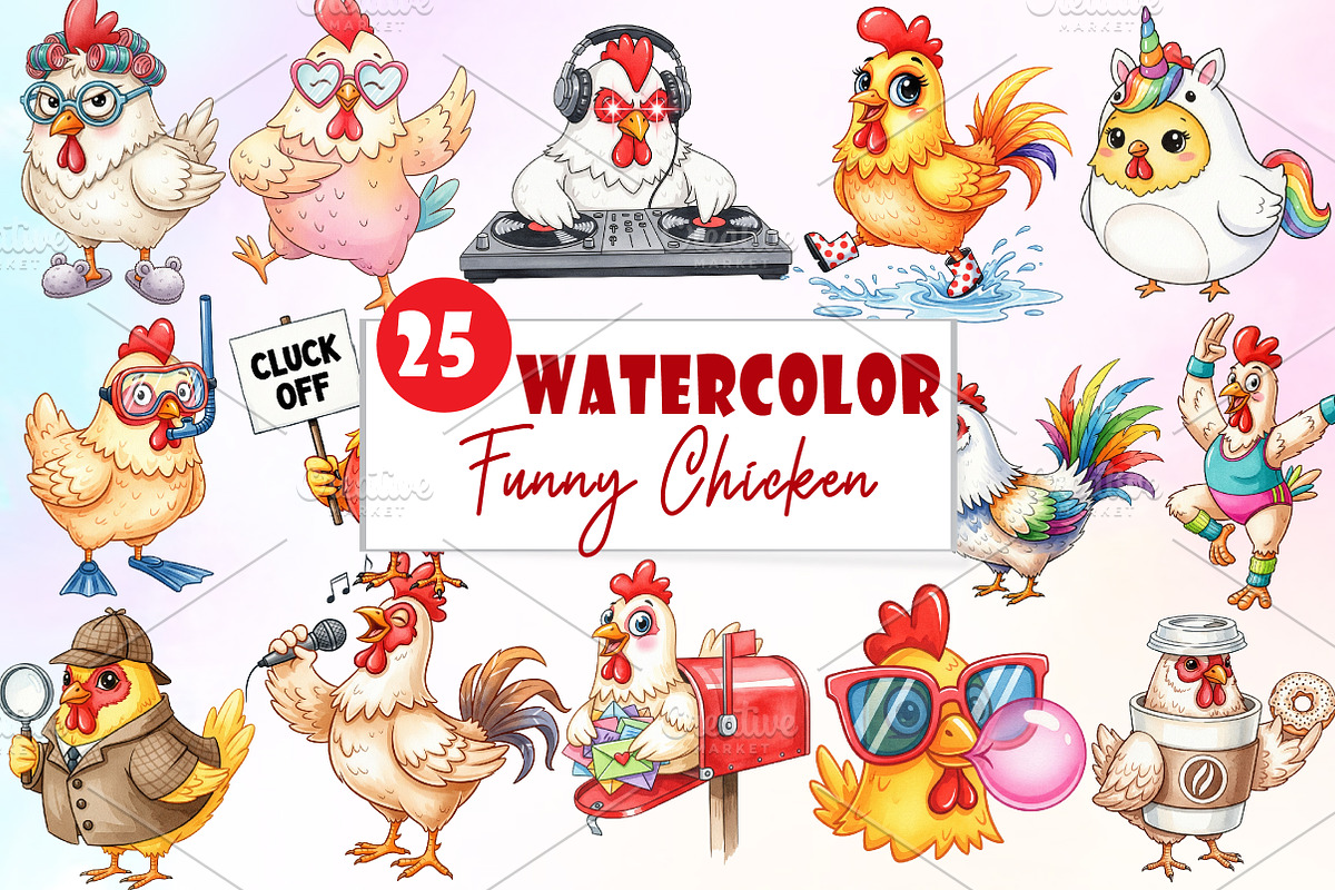 Funny Chicken Clipart Crazy Chicken, an Illustration by Watercolor design (Photo 1 of 6)