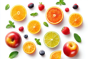 Fresh fruit flat lay with oranges and apples, a Food & Drink Photo by AlyaAnd