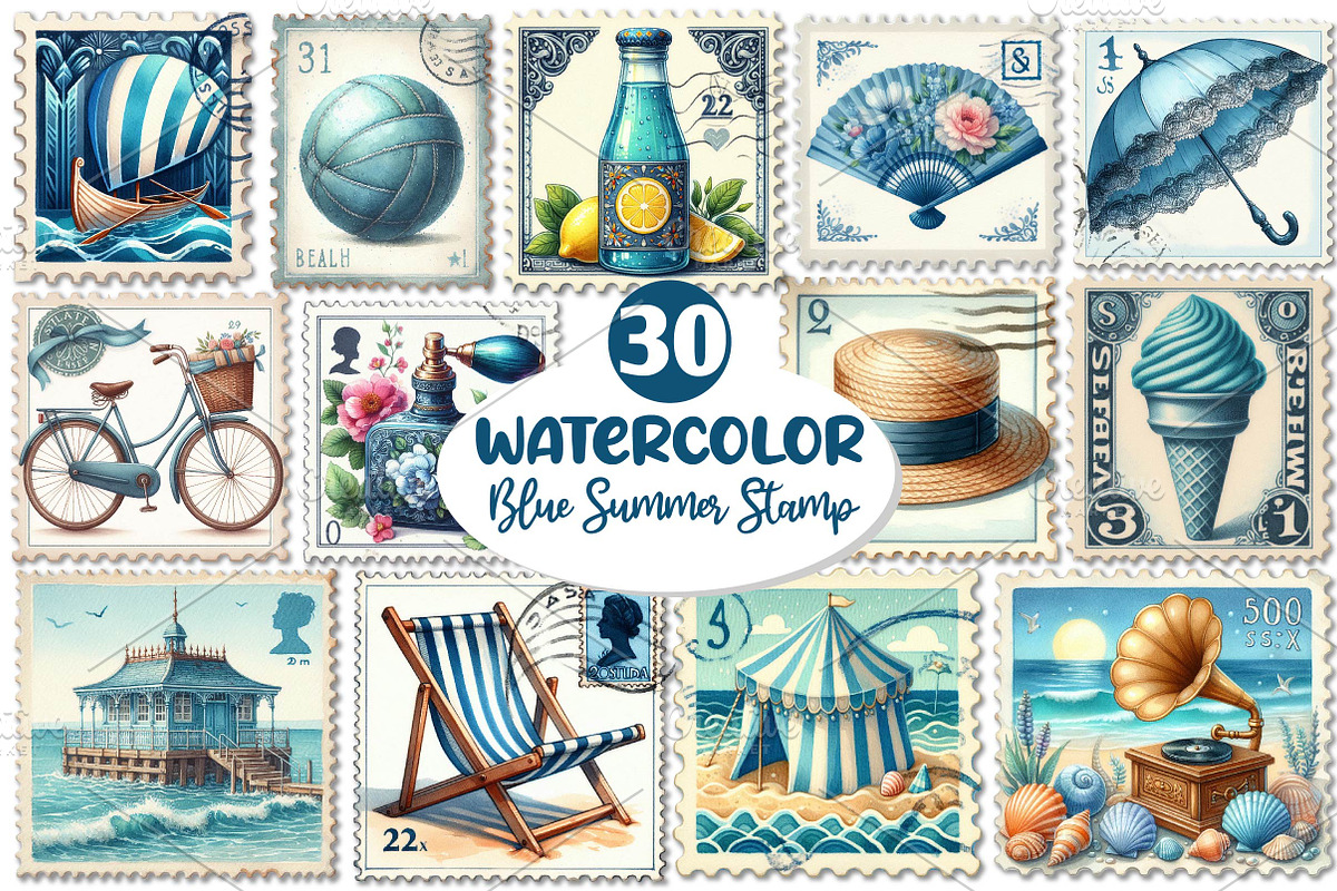 Blue Summer 1920 Postage Stamp png, an Illustration by Dream Creation (Photo 1 of 6)