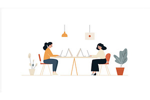 Two women work on laptops at a, a Person Illustration by Sergey Kotenev