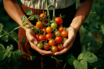 Fresh organic tomato and tomatoes cherry in farmers hands, a Food & Drink Photo by Natalia Klenova's Shop
