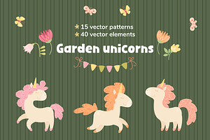 Garden Unicorns. Vector Set