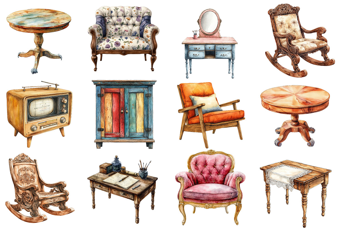 Vintage Furniture Watercolor Clipart, an Illustration by Designworld (Photo 4 of 6)