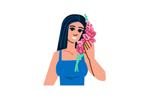 Smiling woman holding pink gladiolus, a Person Illustration by pikepicture