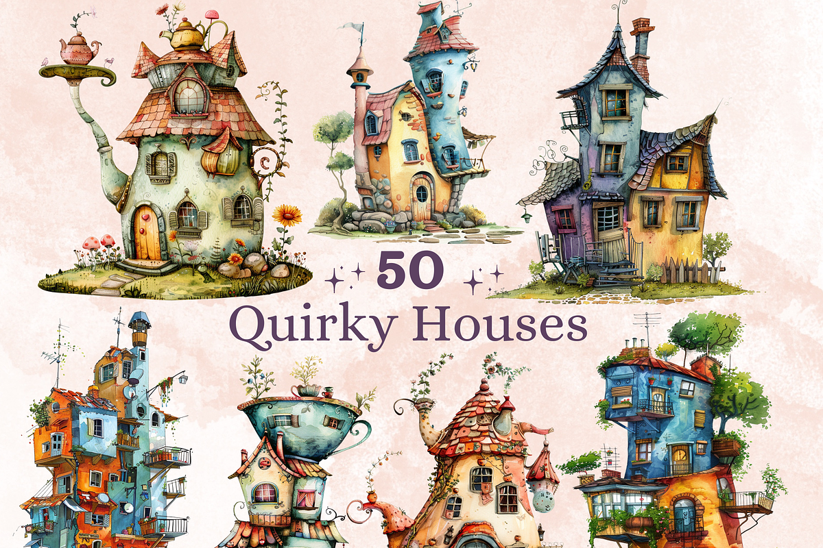 Watercolor Quirky House Clipart, a Decorative Illustration by GiraffeCreative (Photo 1 of 9)