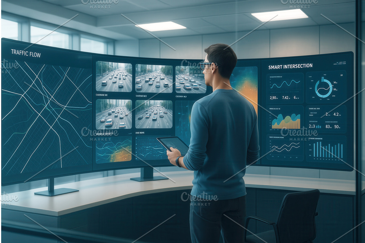 A male traffic analyst using a, a Technology Illustration by Sergey Kotenev