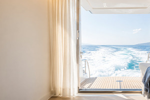Yacht interior view with ocean horiz, a Photo by Dvoevnore photos