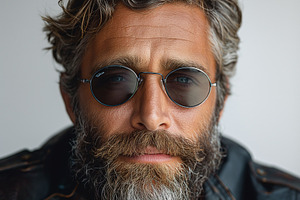 A rugged Caucasian man with a flowing beard and curly hair, wearing stylish sun, a Person Photo by ImageMir