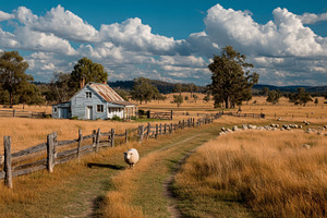 Sheep grazing along a dirt track by a rustic farmhouse on an Australian country, a Photo by AS photostudio