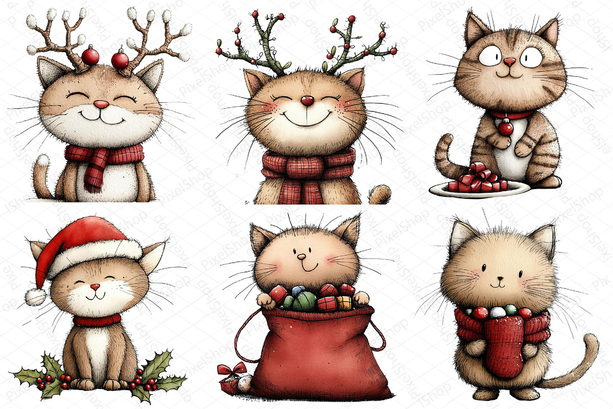 Watercolor Christmas Cats Clipart, an Illustration by DreamPrint404 (Photo 7 of 7)