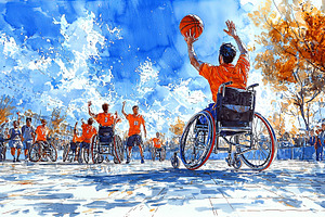 Energetic wheelchair basketball game with a sunny outdoor setting and active pl, a Photo by AS photostudio