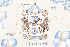 Carousel Watercolor Clipart Blue