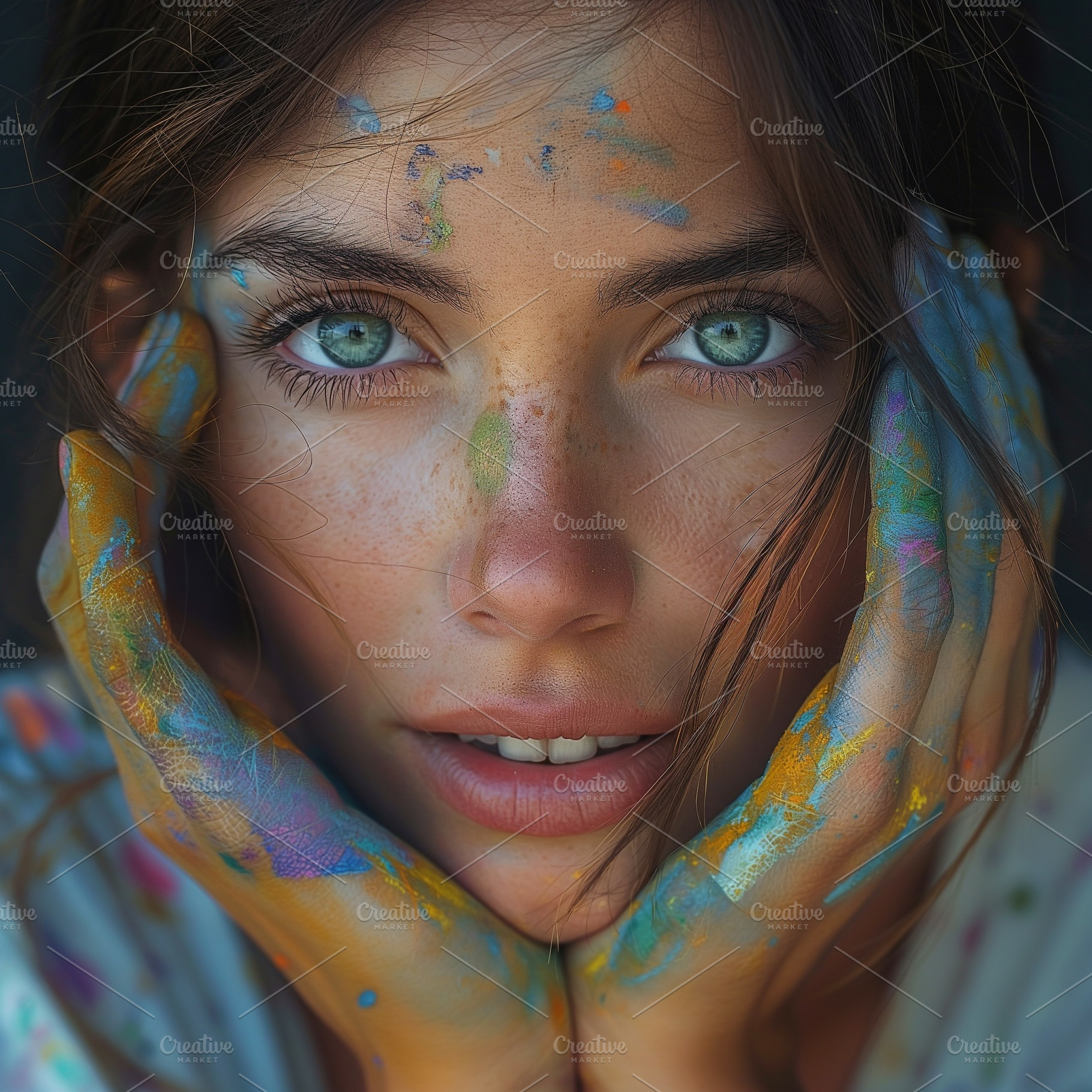A young woman with striking blue eyes and paint-splattered hands, reflecting cr, a Person Photo by ImageMir