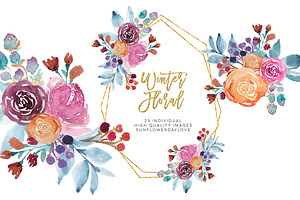 Winter Watercolor Flowers Clipart,