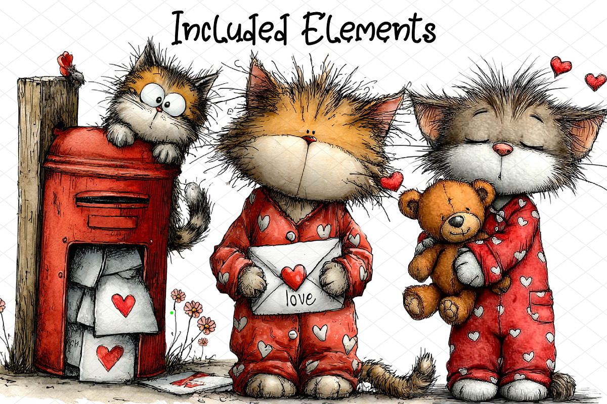 Whimsical Valentine Cats Clipart, an Illustration by cherrydesign (Photo 2 of 4)