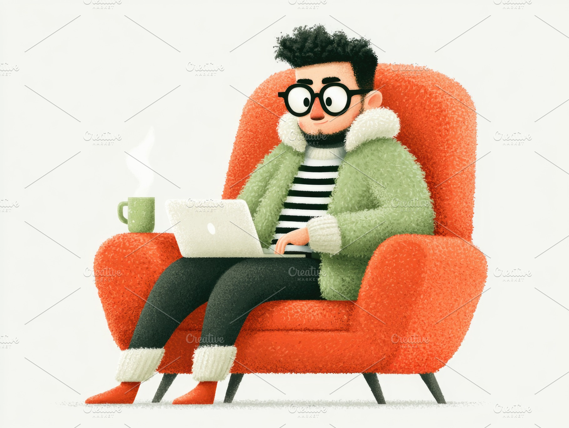 Cozy remote worker using laptop in orange armchair illustration, a Business Photo by José Manuel Gelpi