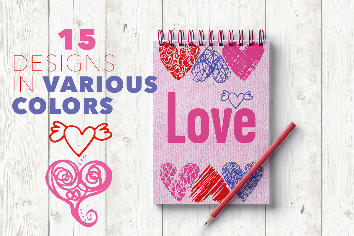 45 Hand drawn hearts in trendy color, a Decorative Illustration by guylaine's design (Photo 2 of 4)
