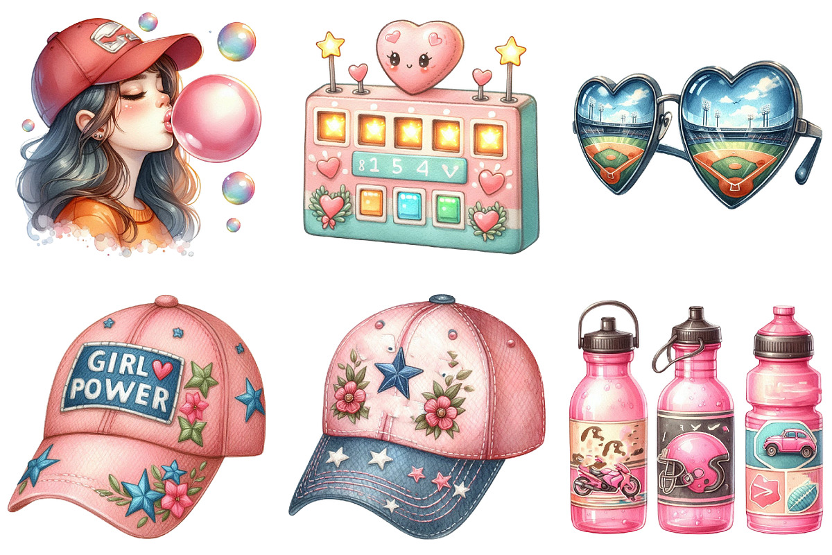 Retro Girly Baseball png Clipart, an Illustration by Watercolor design (Photo 4 of 4)