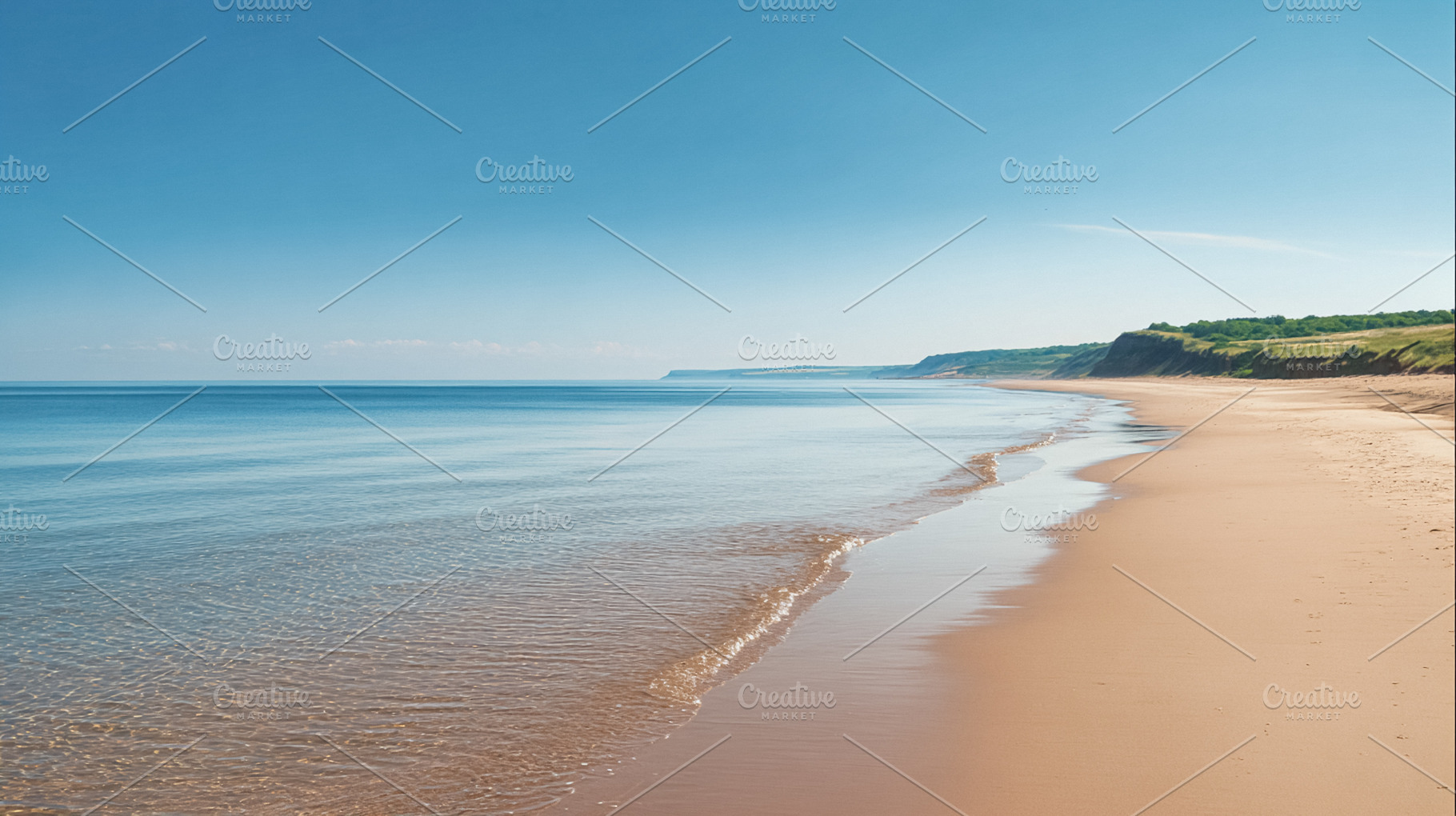 Long sandy beach with calm ocean water reflecting a clear blue s, a Photo by Studio ANNA