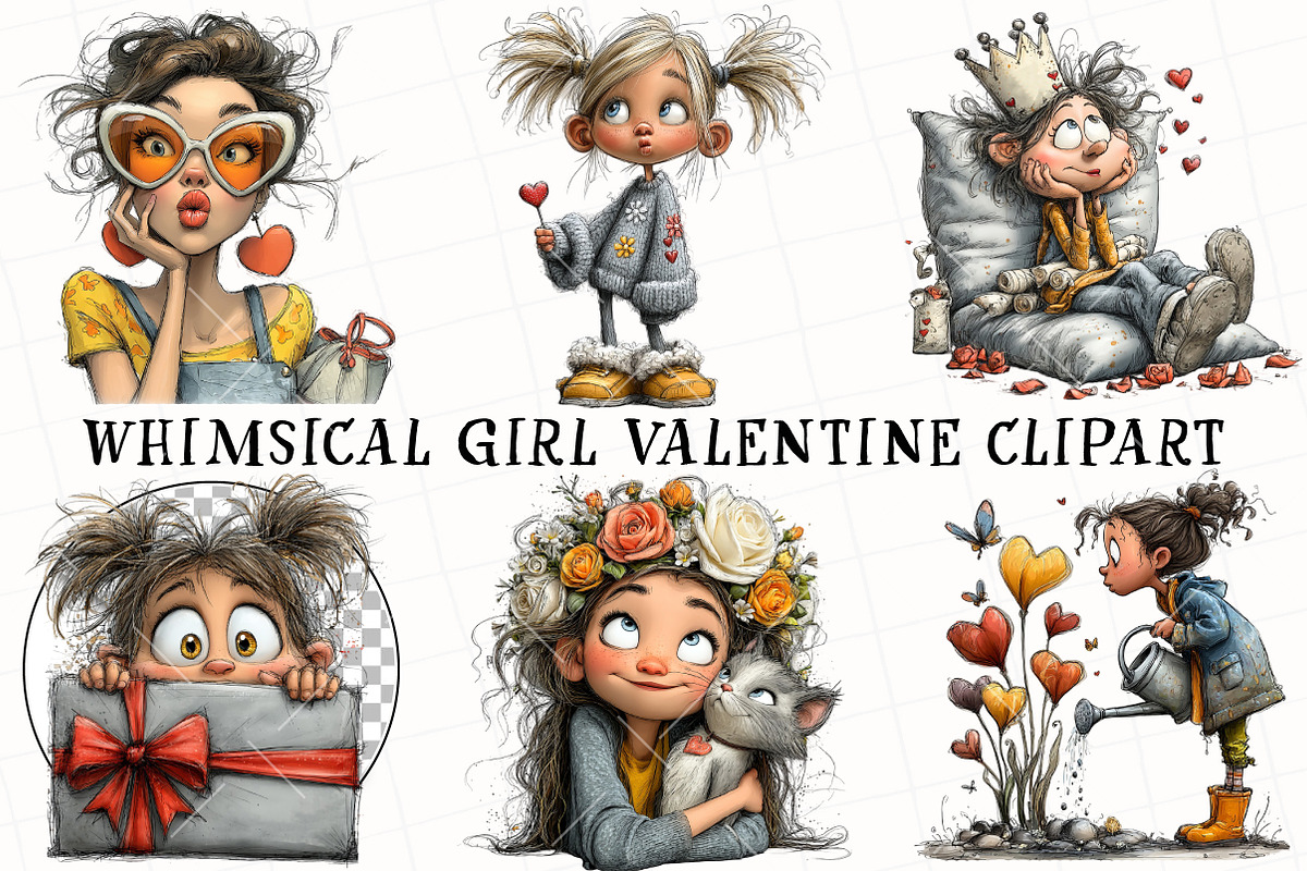 Whimsical Girl Valentine Clipart, an Illustration by OK Design (Photo 2 of 6)