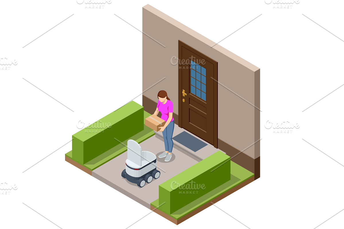 Isometric home delivery robot waits, a Transportation Illustration by Golden Sikorka