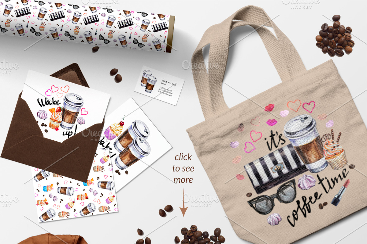 Watercolor coffee set illustration., a Food Illustration by Lina's store (Photo 5 of 5)