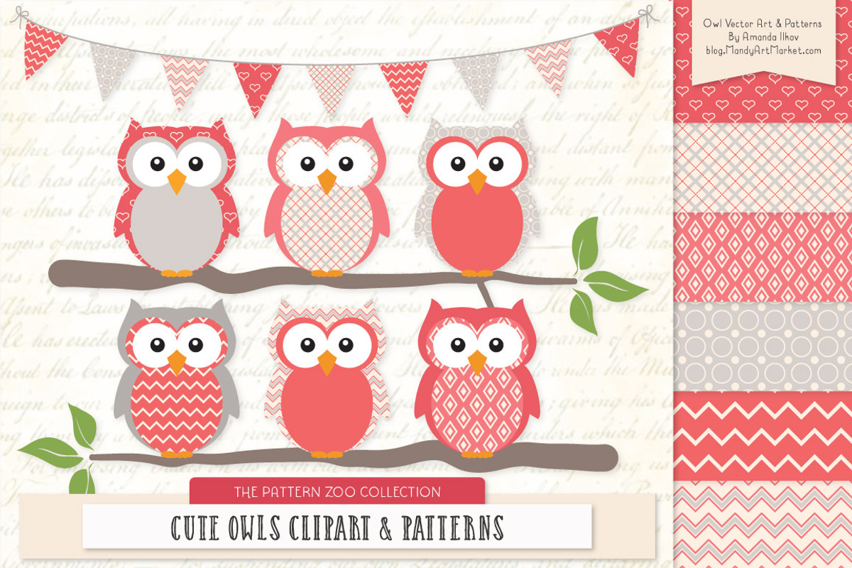 Owls Clipart & Patterns in Coral, an Animal Illustration by Amanda Ilkov (Photo 1 of 4)