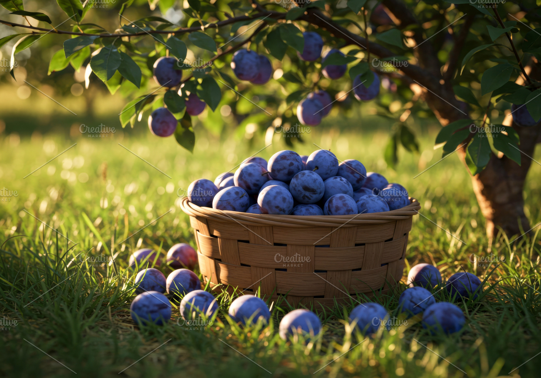 Basket of fresh ripe plums under a t, a Food & Drink Photo by professorinc