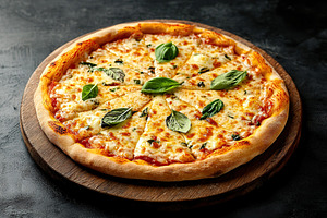 Freshly baked pizza Margherita topped with mozzarella and basil served on a woo, a Food & Drink Photo by AlyaAnd