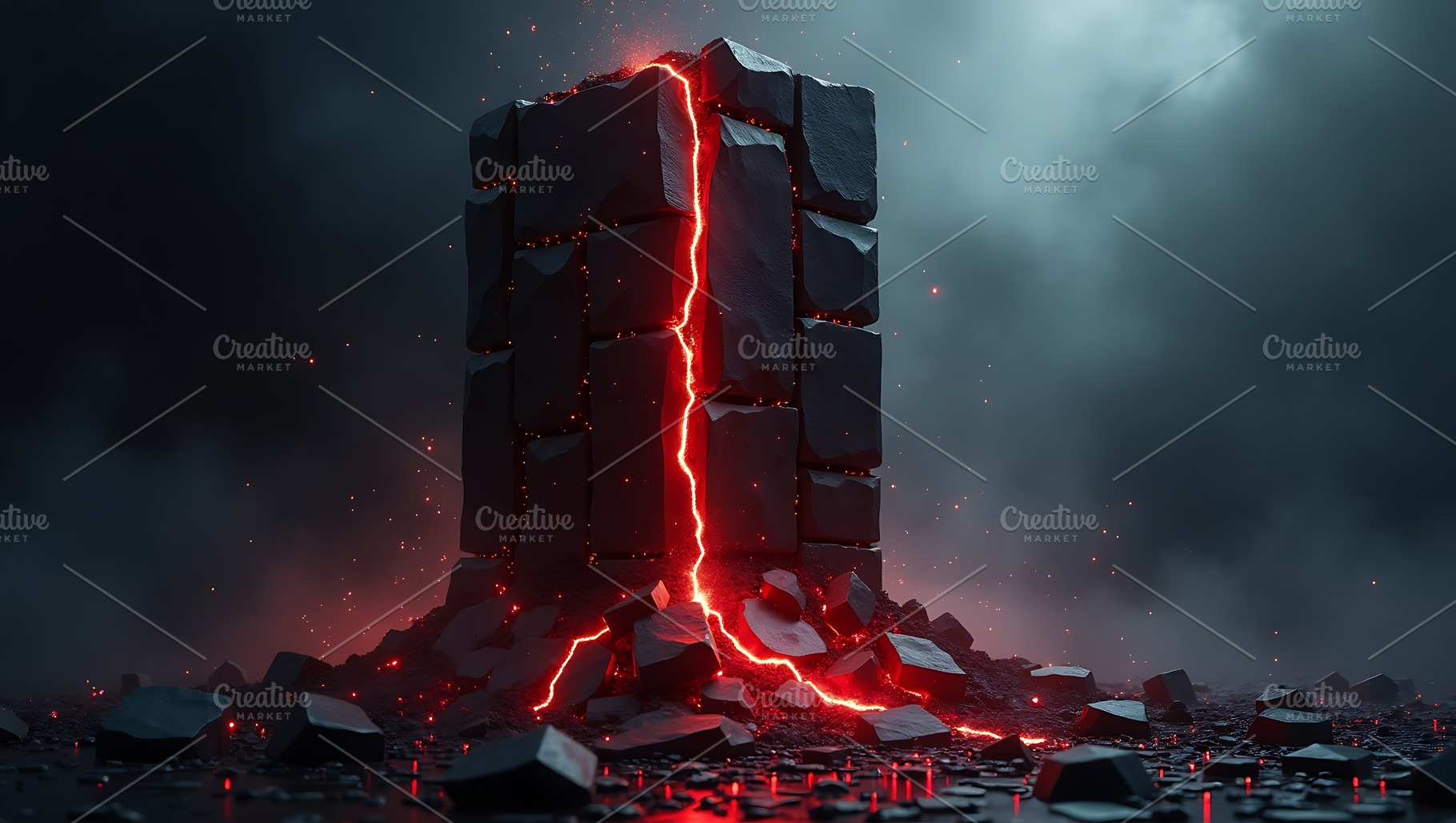 Dark stone tower with red lightning, an Abstract Photo by Artonix