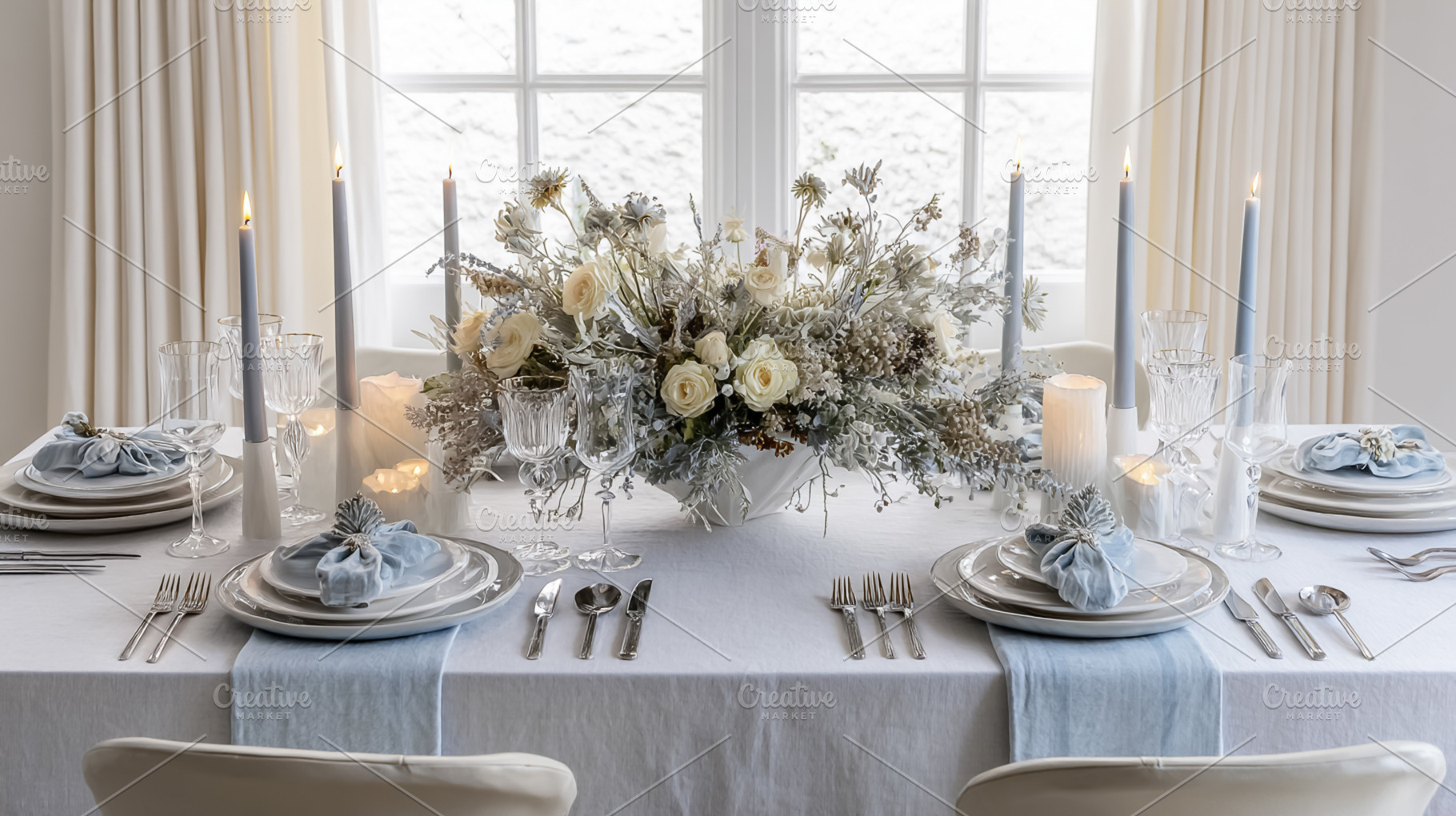 Elegant dining table decorated for a winter dinner party with li, a Photo by Studio ANNA