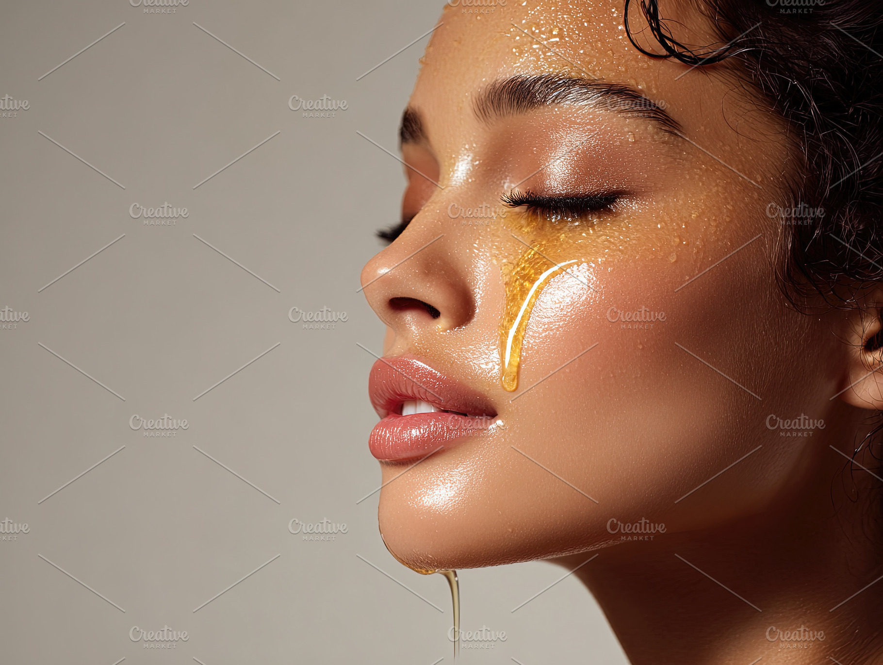 Close-up of a woman with honey dripping down her face, highlight, an Abstract Photo by Ales Munt