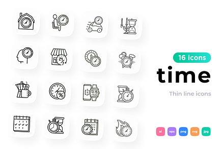 Time 16 Thin Line Icons Set