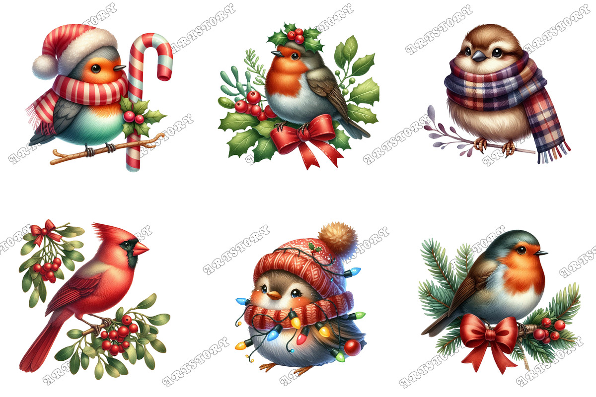 Whimsical Christmas Birds Clipart, an Illustration by designcity5 (Photo 3 of 5)