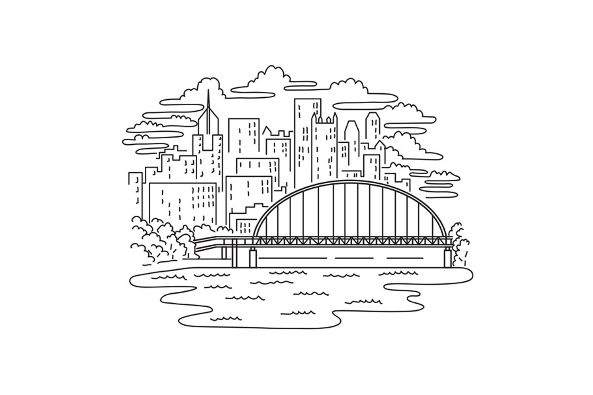 Fort Pitt Bridge PA Mono line Art, an Illustration by patrimonio