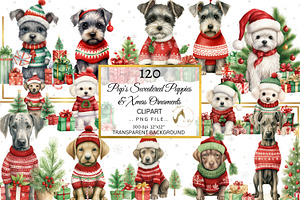 120 Watercolor Christmas Dog Clipart