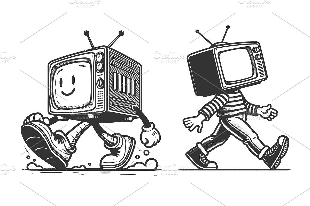 TV walking engraving set vector, a Technology Illustration by AlexArt