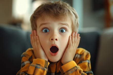 A surprised young boy with wide eyes and hands on his cheeks, wearing a plaid y, a Person Photo by Textures & Backgrounds