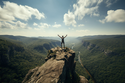 Man standing on edge of cliff and looking at valley. Freedom con, a Photo by AS photostudio