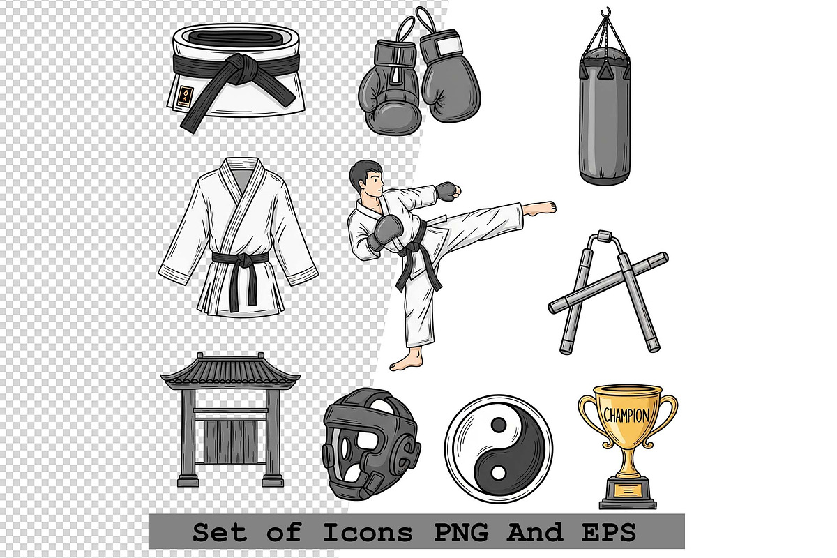 Set of  martial arts icons vector, an Icon by one-touch