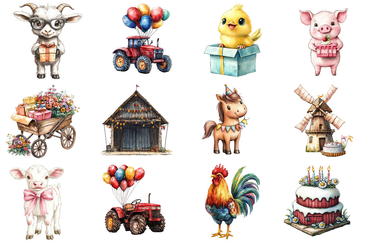 Barnyard Birthday Clipart Bundle, an Illustration by Designworld (Photo 2 of 8)