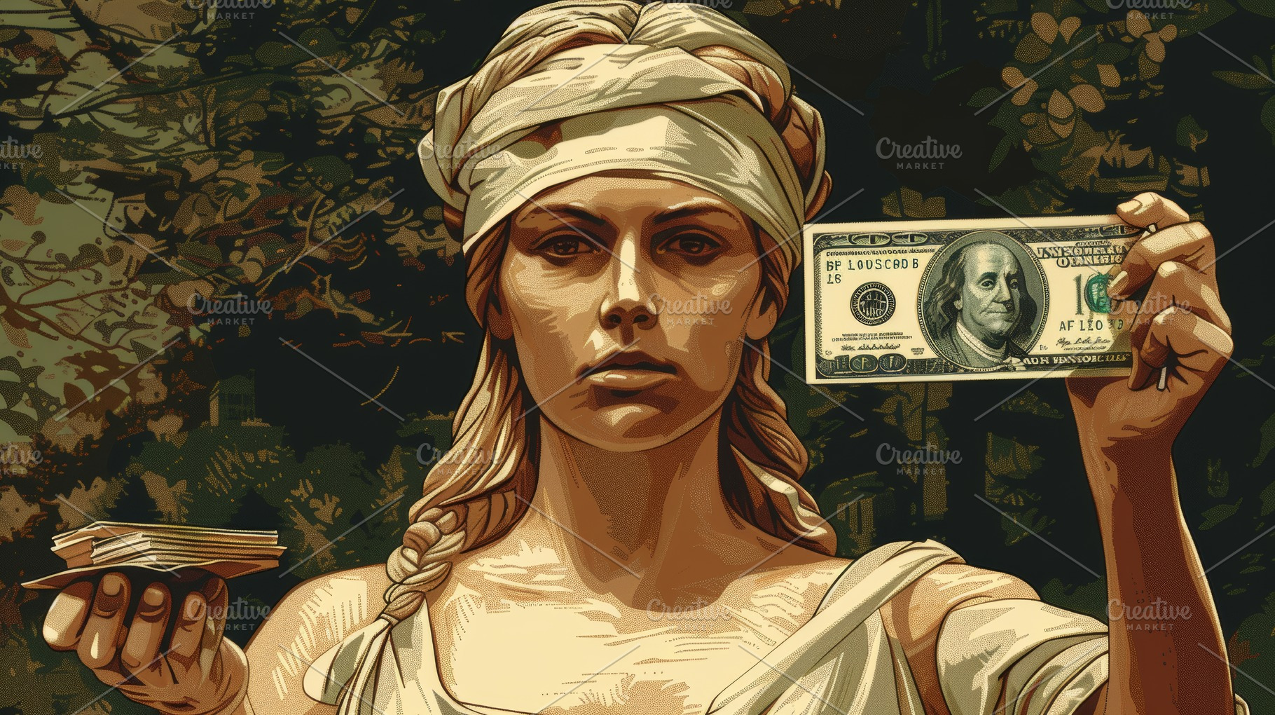 Conceptual image of justice holding money in a forest setting, a Photo by AS photostudio